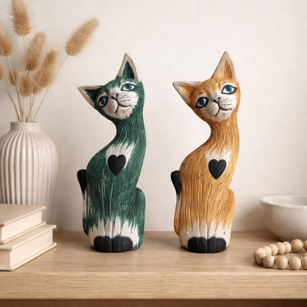 Vintage Hand Carved Wooden Cat Figurines 8” Pair Boho MCM Folk Art Decor 2